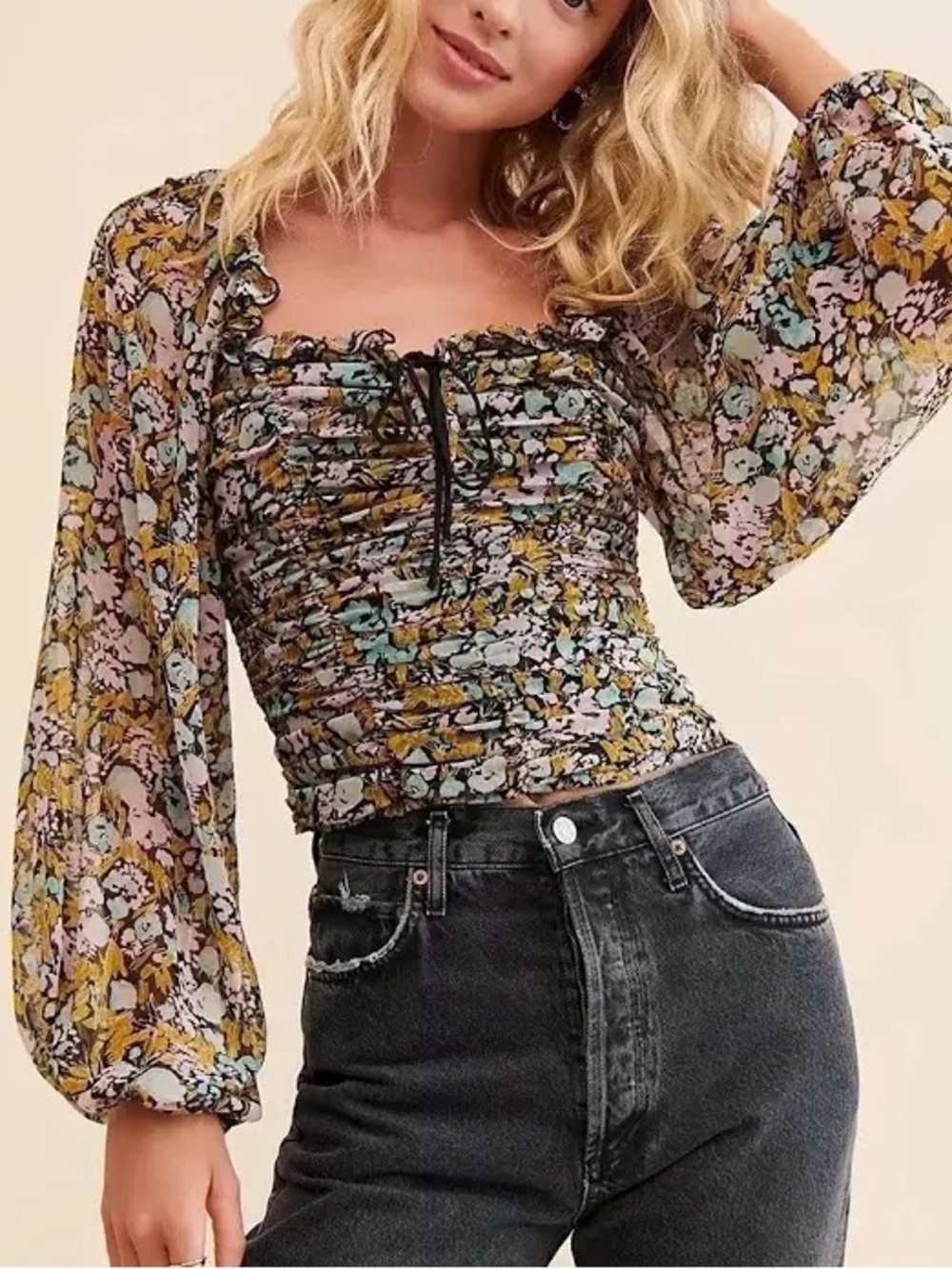 Free People Mabel Floral Ruched Square-Neck Blouse S